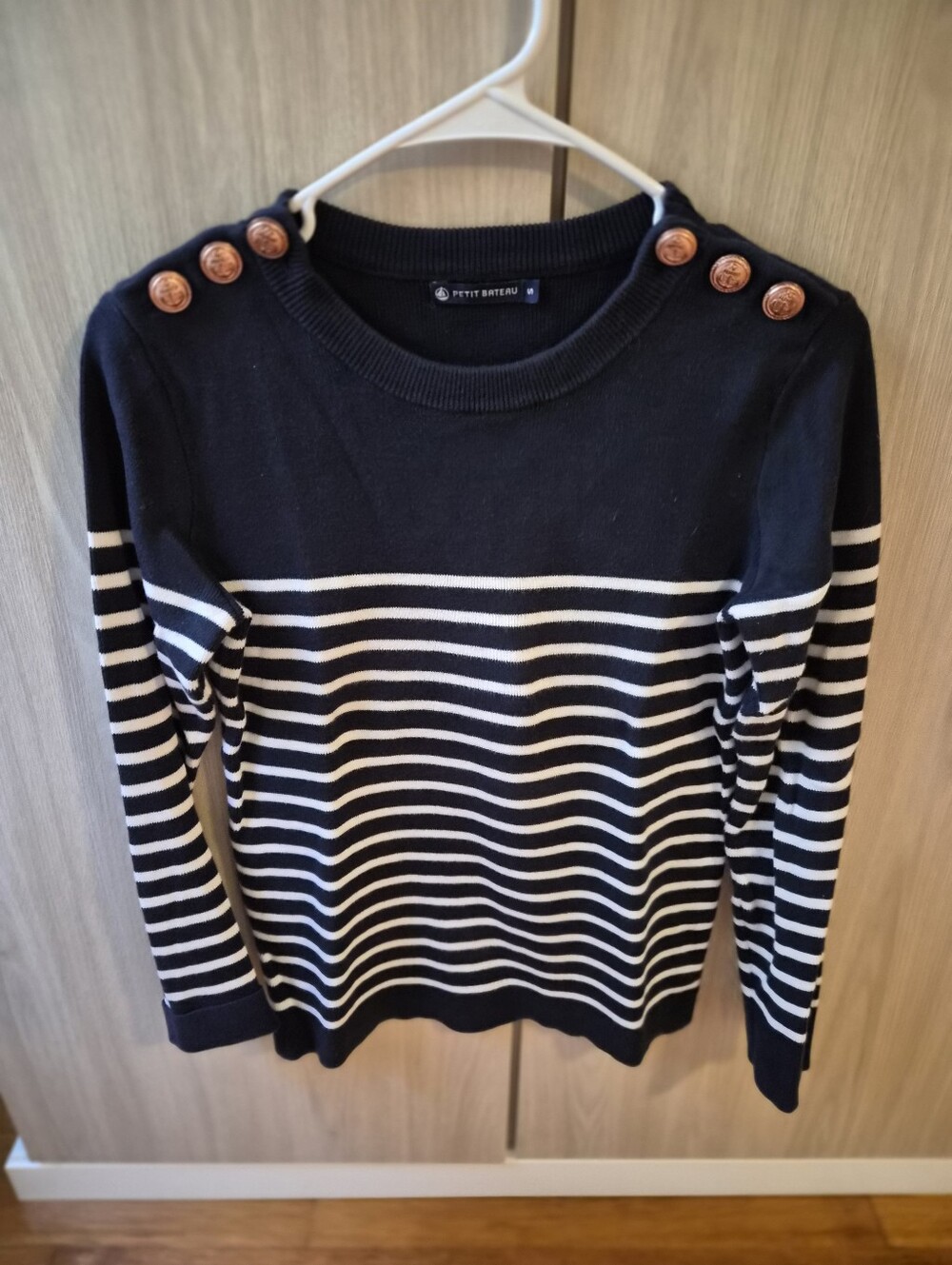 Petit Bateau Navy and White Striped Crewneck Sweater with Gold Buttons